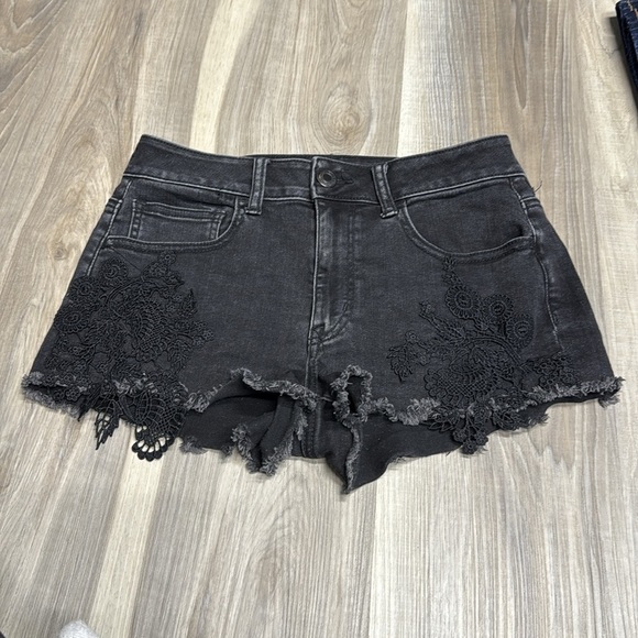 American Eagle Outfitters high rise shortie Black Jean Shorts with Lace Trim 4 - Picture 3 of 6
